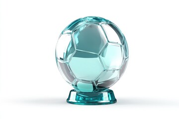 Fototapeta premium Shiny Blue Glass Soccer Ball Trophy on White Background for Sport