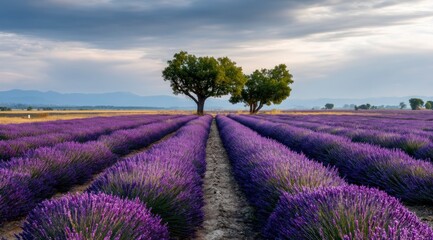 Obraz premium Lavender Field with Trees Under Dramatic Sky in Provence, France