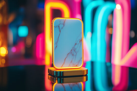 Sculptural phone holder in white marble with glowing neon backdrop in a modern interior setting - Powered by Adobe