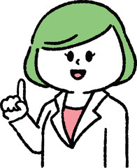 指差しをしている白衣を着た女性