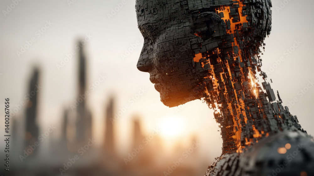Poster exploring virtual ai agents in a futuristic urban landscape showcasing advanced technology and integ