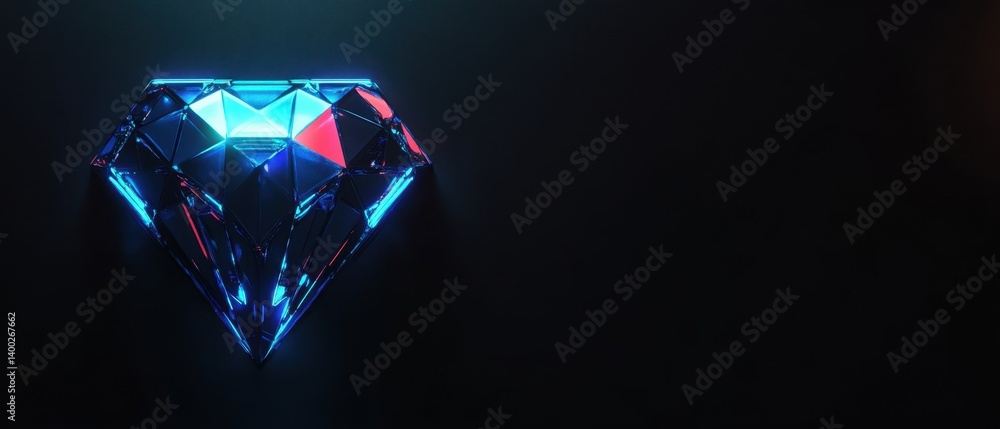 Poster luminous diamond on dark background with blue and red light creating a modern and elegant visual eff
