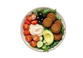 Delicious falafel salad bowl with fresh vegetables closeup