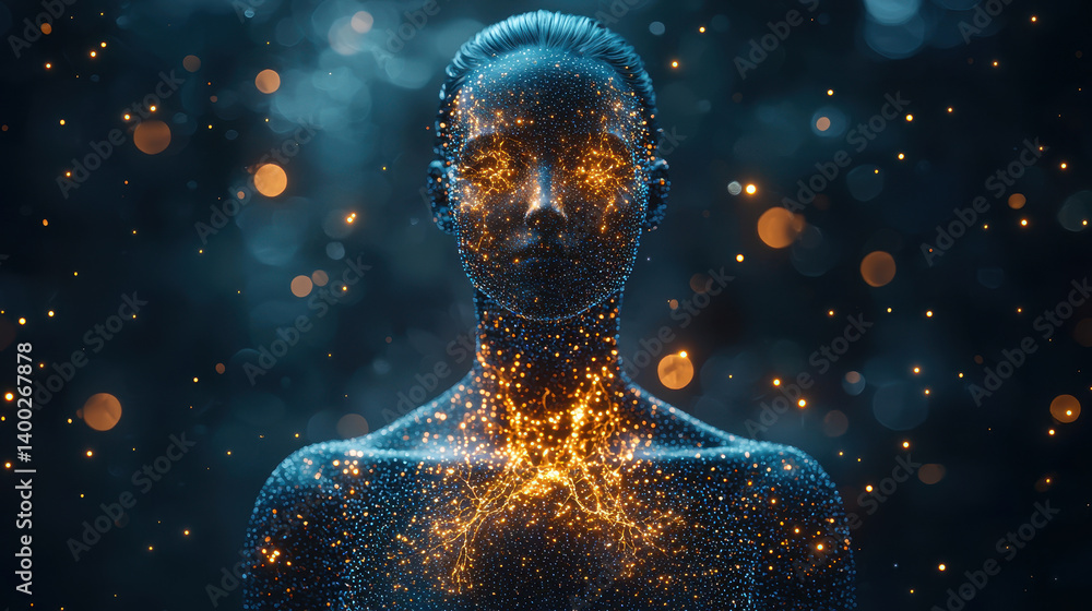 Poster conceptual representation of bioactive peptides enhancing the immune system and illuminating cellula