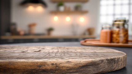 Close-up of rustic wooden surface, showcasing natural texture and grain, ideal for product display or food photography in a kitchen setting, suggesting warmth and homeliness