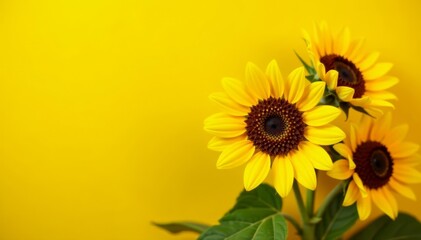 Naklejka premium Close-up of sunflowers against a bright yellow backdrop, sunflowers, summer, yellow background