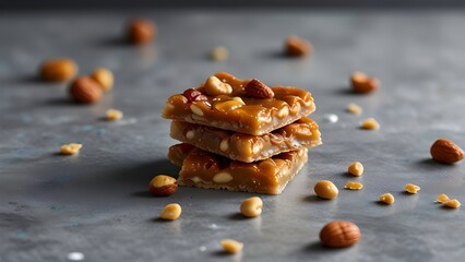  A modern twist on the classic peanut brittle, featuring a vibrant mix of colorful nuts and a glossy, abstract background, rendered in a sleek, minimalist style.	
