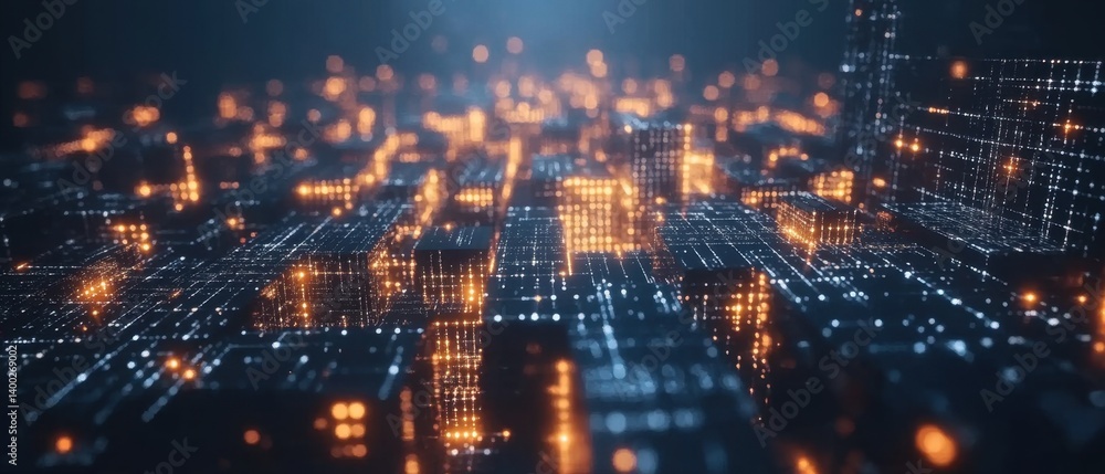 Poster futuristic cityscape with glowing orange lights and digital grid lines creating a modern abstract ba