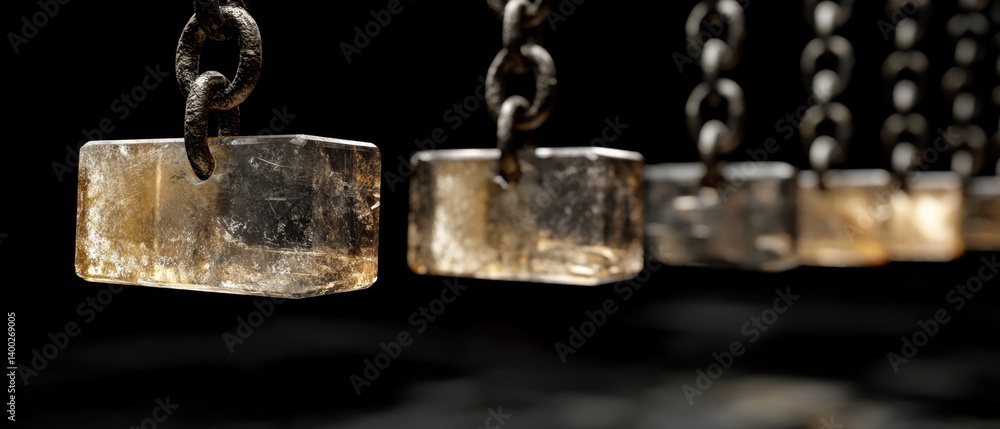Poster conceptual composition of suspended crystal blocks on chains evoking balance and strength in a dark 