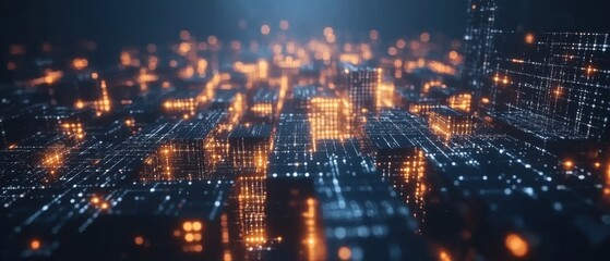 Futuristic cityscape with glowing orange lights and digital grid lines creating a modern abstract backdrop for technology and innovation