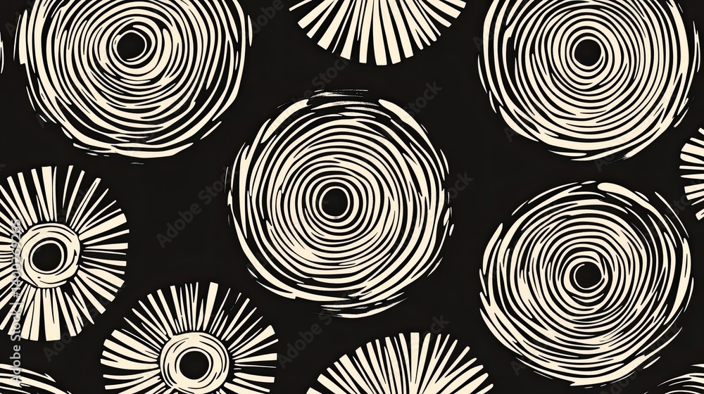 Poster monochrome textured circle pattern with irregular spirals and radiating motifs