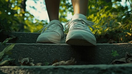 Close-up of athletic shoes ascending stone steps in a lush green forest with morning sunlight streaming through leaves.