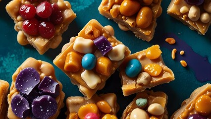  A modern twist on the classic peanut brittle, featuring a vibrant mix of colorful nuts and a glossy, abstract background, rendered in a sleek, minimalist style.	