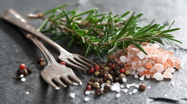 Close-up of rosemary sprigs, pink Himalayan salt, peppercorns, and vintage forks on dark gray surface, showcasing culinary herbs and spices, ideal for food blogs or restaurant menus
