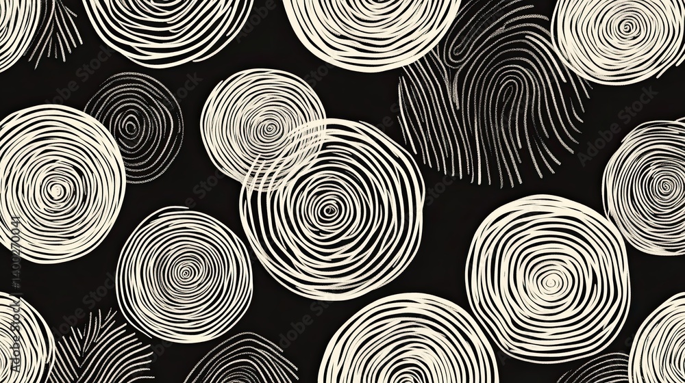 Poster abstract circular patterns featuring textured spirals and stylized fingerprint designs