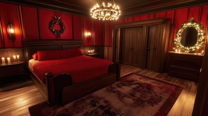 A dark, festive bedroom with a rich, red hue and christmas decorations.