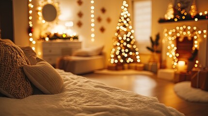 A cozy christmas bedroom decorated with warm lights and festive cheer.