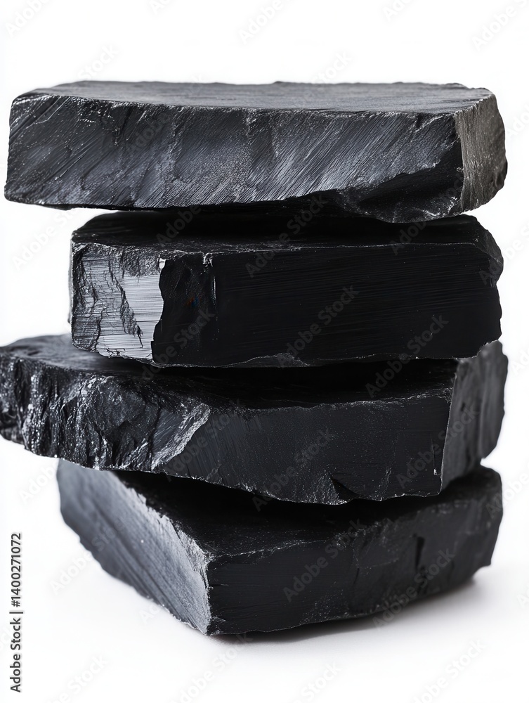Poster stacked obsidian stone blocks on white background showcasing texture and depth in studio shot for ge