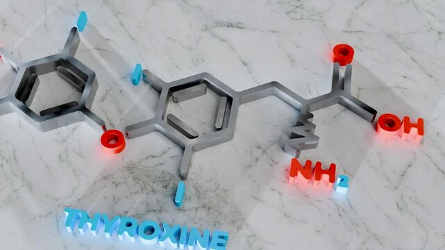 Thyroxine thyroid hormone Skeletal chemical formula, T4 or levothyroxine, C15H11I4NO4. Chemical model, metabolism and hypothyroidism, 3d render