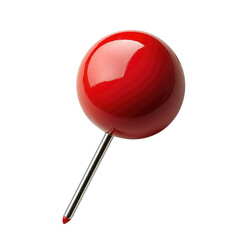Red round push pin with glossy finish perched on metal silver pin isolated on transparent background, cutout png