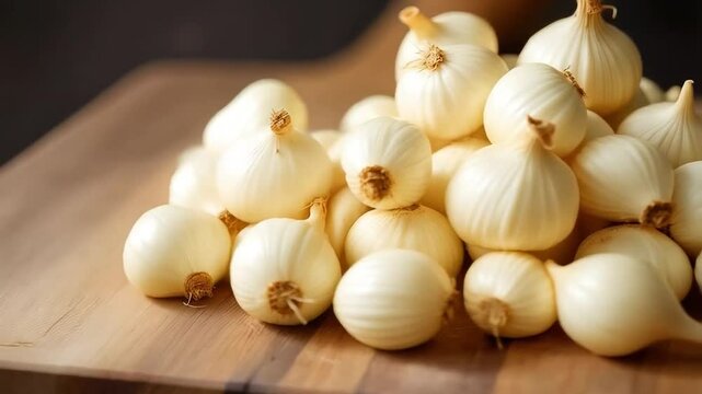 Fresh crunchy white shallots on a wooden board prepared for cooking
