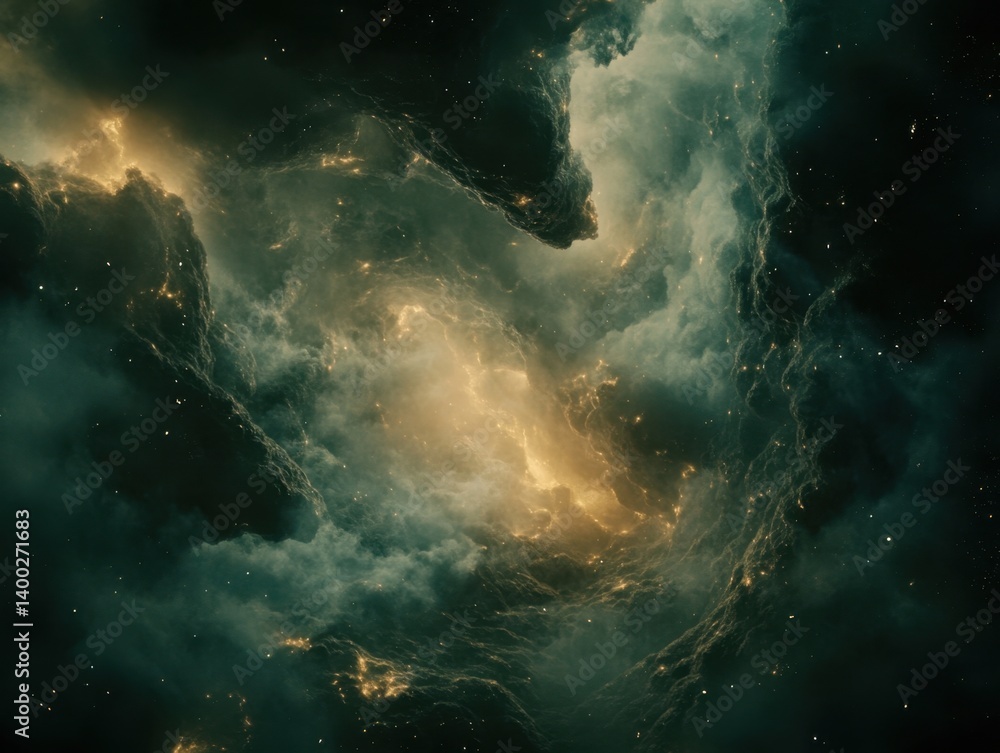 Poster ethereal cosmic nebula with swirling clouds of light and shadow in deep space astronomy exploration