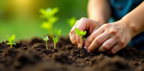 Close-up of tiny hands planting small seeds in a mini garden, close-up, garden, small