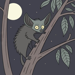 Cute Aye Aye On Tree Night Illustration