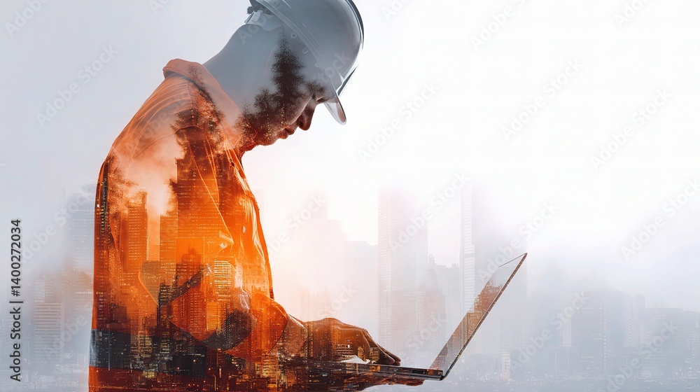 Poster engineering worker in double exposure with industry background