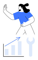 Person extending hand to signal stop, bar chart with upward arrow symbolizing growth, adjustable wrench. Ideal for business strategy, data analysis, productivity, solutions, progress