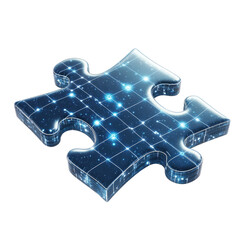 Puzzle piece with glowing blue grid design on isolated transparent background, cutout png