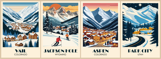 Set of retro Ski Posters with mountain scenes from Vale, Aspen, Park City. The postcards feature skiers and snowboarders on the slopes, and the mountains are covered in snow. Vector art