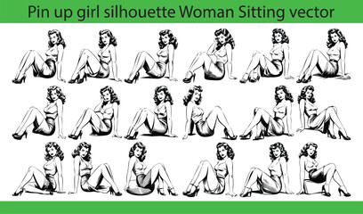 Pin up girl silhouette WomanSitting vector, silhouette, beautiful, illustration, girl, woman, retro, vector, beauty, style, art, female, vintage, design, fashion, modern, stylish 