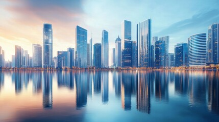 Futuristic cityscape with symmetrical water reflections