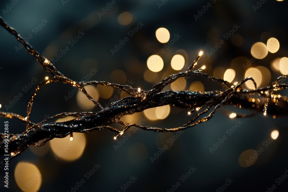 Poster enchanting dark branch adorned with shimmering lights creating a magical and festive atmosphere in a