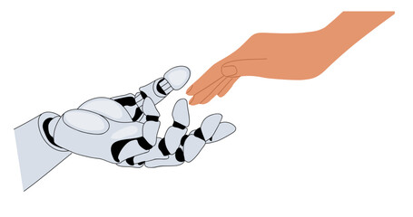 Artificial intelligence robot and human hands touching each other. Modern technology and computer science concept. Vector outline sketch colored drawing isolated on white background