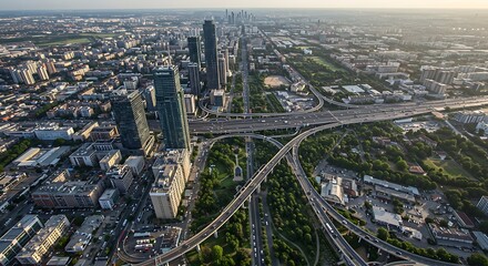 Obraz premium Golden Hour Cityscape Urban Tapestry at Dawn Concrete Jungle Skyline Elevated City Views Metro Sprawl From Above Cityscapes in Soft Light Aerial View City Network Sunrise Over Urban Sprawl