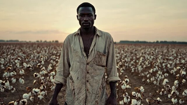 Determined person stands in vast cotton field during sunset, dressed in worn work shirt, enduring conditions, agriculture, and harvest