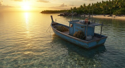 Fototapeta premium Fishing boat anchored near tropical shore during golden hour