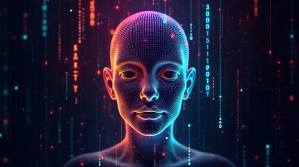 A neon rainbow matrix like digital number stream illustration of a fractal human android face



