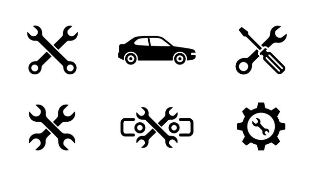 Mechanic's Emblem Set: A set of sleek, graphic icons captures the essence of automotive maintenance. A minimalist display of various tools and a car silhouette.