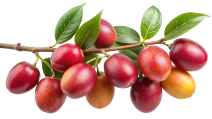 A branch of ripe and juicy red and yellow fruits with vibrant green leaves