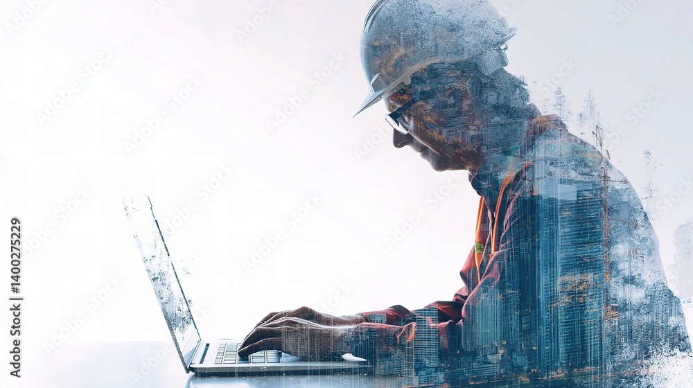 Poster engineer working on laptop with double exposure effect