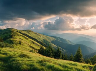 Obraz premium Hiking Through Grassy Mountain Ridge Under Dramatic Cloudy Sky Landscape