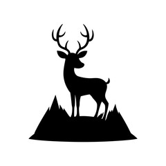 Silhouette of a deer with large antlers standing on a mountain peak against white background