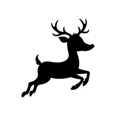 Silhouette of a deer leaping gracefully with prominent antlers against white backdrop here