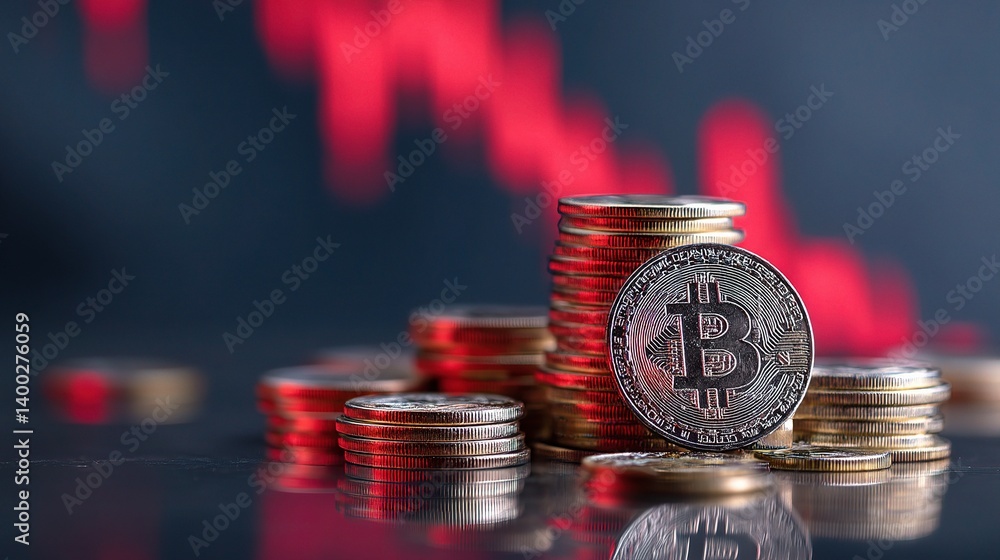 Poster cryptocurrency coins stacked on table with red chart background