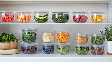 Modern fridge filled with organic and plant-based foods in clean, labeled containers for healthy meal prep