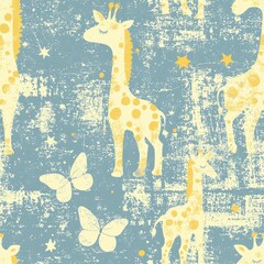 Animal print pattern giraffe vintage seamless concept. A whimsical design featuring giraffes and butterflies on a textured blue background, perfect for playful and childlike themes.