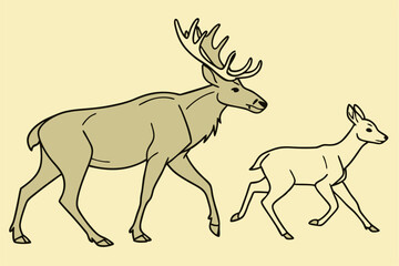 Fototapeta premium Walking moose and roe deer, animation on the yellow background (seamless loop) 